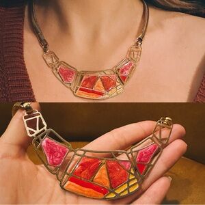 Vintage 80s Geometric Gold and Pink Necklace